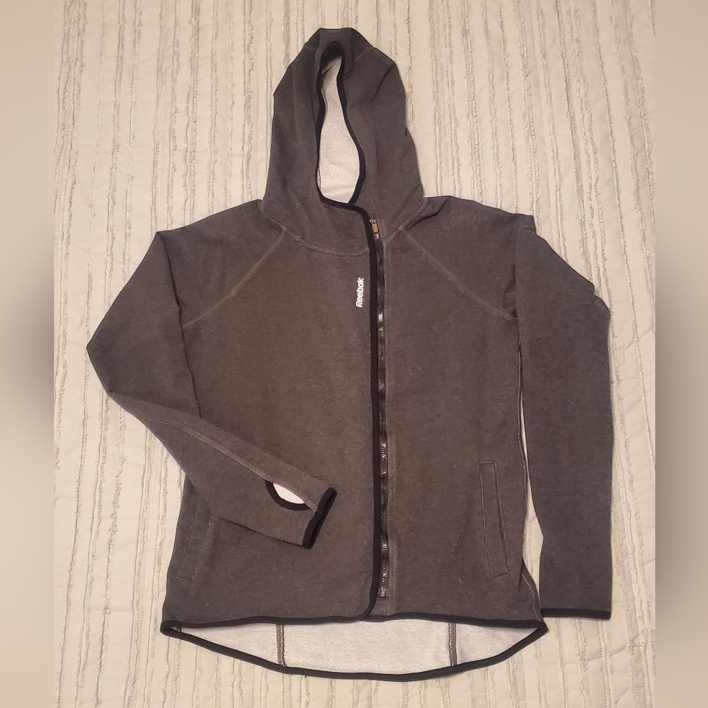 Reebok Running Jacket -M-, Hood thumb holes Dk Grey Off side zipper. Stretchy